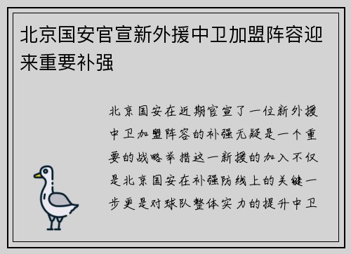北京国安官宣新外援中卫加盟阵容迎来重要补强 北京国安官宣新外援中卫加盟阵容迎来重要补强